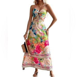 Holiday Vacation Bright Floral Hollowed Back Cut out Maxi Dress Size Small NWOT